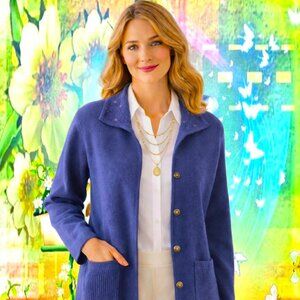 KINEI Floral Embroidery Collar Metal Buttons Soft Wool Blue Cardigan Size L NEW